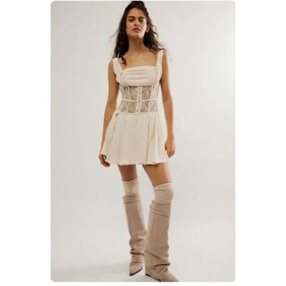 Free People Dress Women's 2 Cream Floral Lace Mini Corset Bones‎ Zip | Size 2